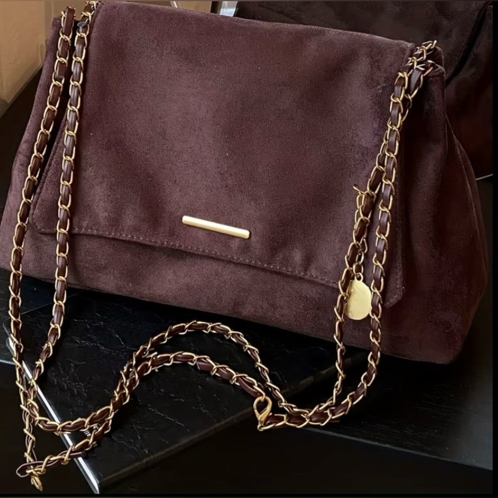 Luxurious Dark Brown Suede Shoulder Bag with Chain Straps